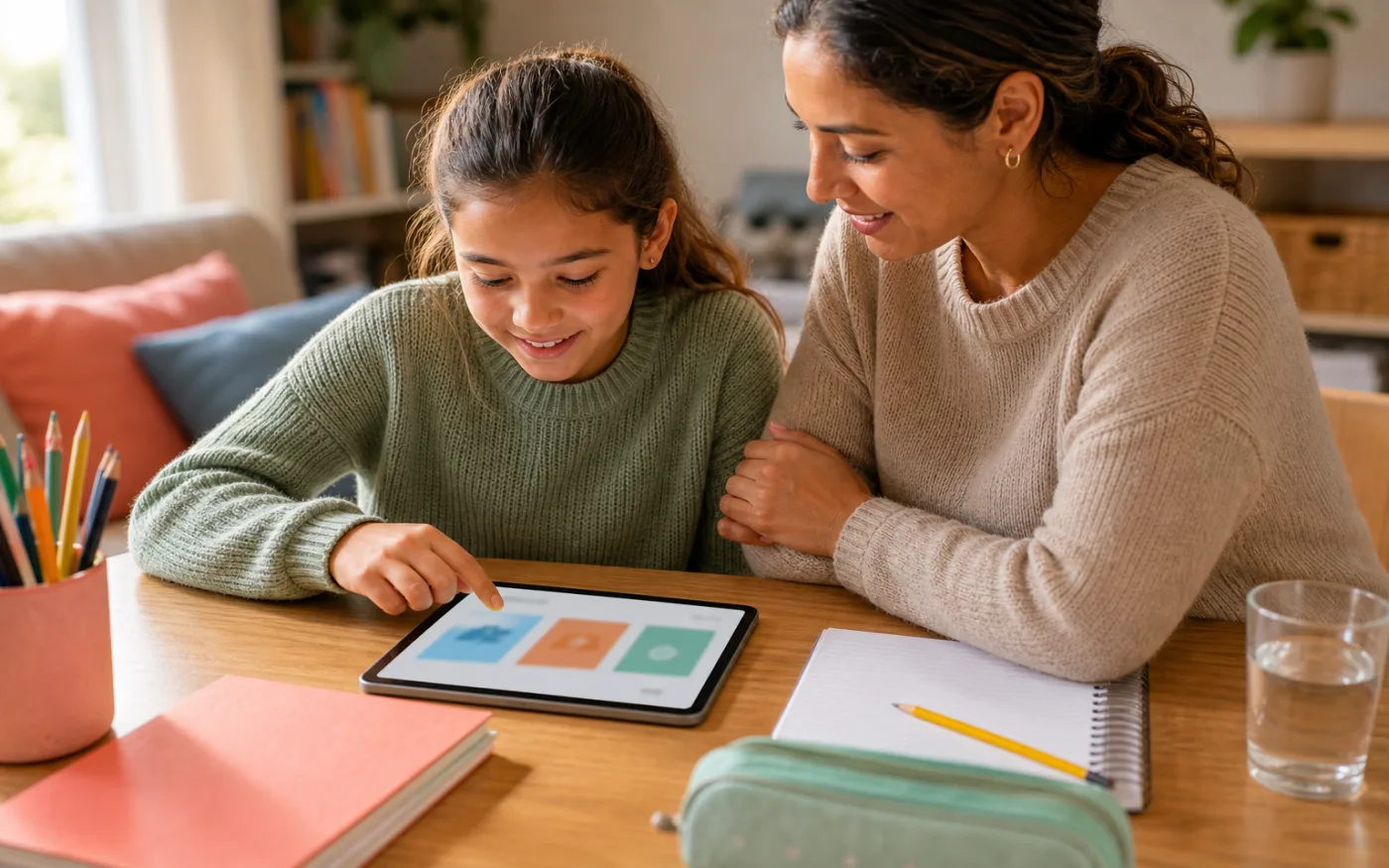 Een kind oefent op een tablet met een ouder naast zich