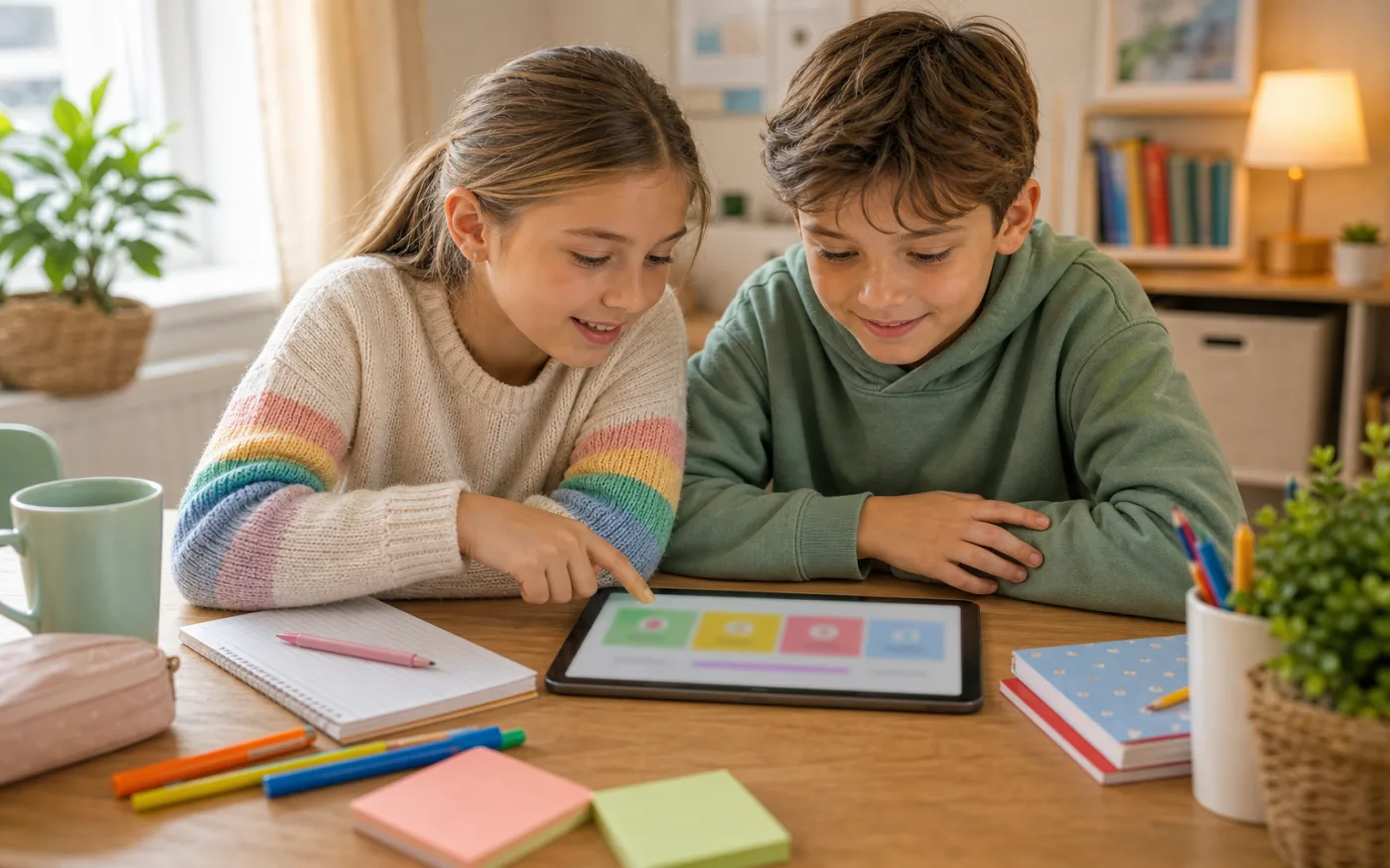Twee kinderen bekijken samen hun oefenvoortgang op een tablet